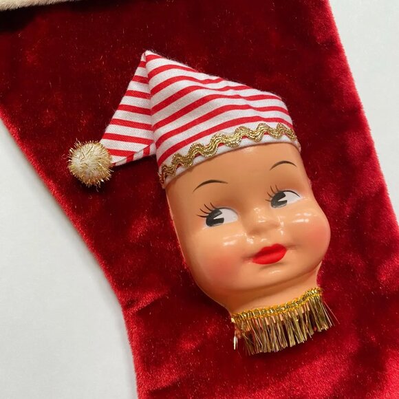 Christmas Stocking with Dolly Face Holiday Decor Xmas Vintage Handmade - Picture 3 of 5